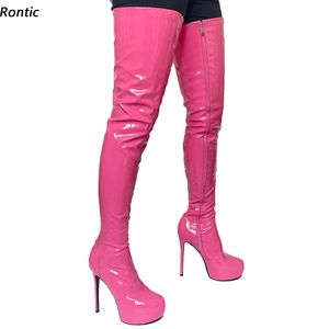 rontic 새로운 여성 겨울 가랑이 부츠 특허 가죽 사이드 지퍼 스틸 레토 힐 라운드 발가락 예쁜 핑크 클럽 신발 미국 크기 5-20