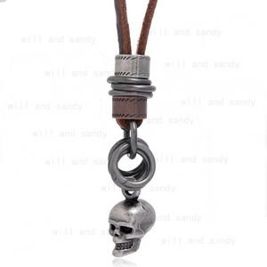 Stereoscopic Human Head Skull pendant Necklace Adjustable Leather Chain Necklaces for women men Halloween Fashion jewelry gift