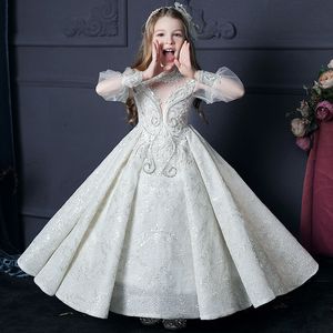 Urocza biała suknia balowa sukienki kwiat dziewczyny Księżniczka Koronkowe długie rękawy aplikacje klejnot szyi