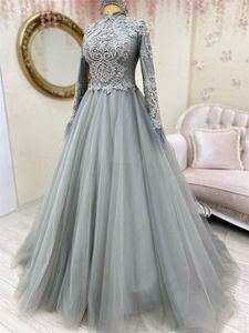 Gray Muslim Hijab Evening Dresses High Neck A-line Tulle Beaded Feather Appliques Lace Long Sleeves Engagement Formal Dress Dubai Arabic Prom Gown