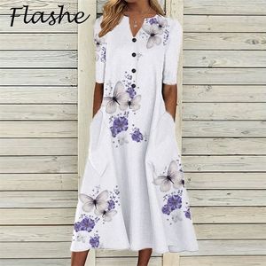 Elegant Women V Neck Short Sleeve Button Party Dres Summer Vintage Print Dress Casual Loose Flower Ladies Dresses D220611