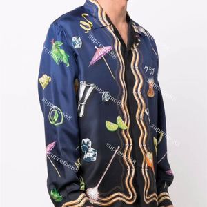 Casablanca ss22 seda manga longa estampada camisa de gola cubana masculina designer de praia camisas casuais