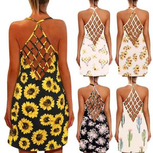 Casual Dresses Women Summer 2022 Sexy Backless Mini Dress Sunflower Print V-neck Sleeveless Tank Sundress Robe Femme