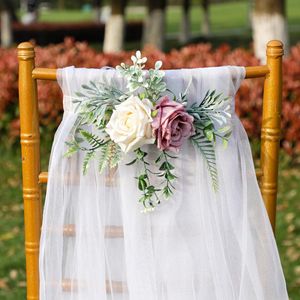 TIES DE SILLA DE BODA al por mayor-Flores decorativas coronas de simulación silla trasera flor de boda al aire libre rosa el diseño cubierta atada