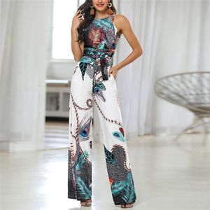 Spaghetti Strap Peacock Print Jumpsuit Summer Printed Long Overalls Playsuit Beach Wide Leg Pants Romper T200107