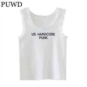 PUWD Sweet Girls List Druku Koronki Patchwork Tank Lato Moda Panie Białe Miękkie Bawełniane Krótkie Topy Kobiety Chic Crop Top 220318