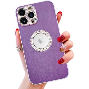 Luxus-Kameraobjektiv-Diamant-Kristallhüllen, Bling-Glitzer-Leder, schmales Logo, weicher Griff, stoßfeste Schutzhülle für iPhone 14 13 11 Pro Max 12 Mini XS XR X 7 8 Plus