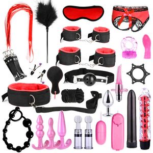 Vibrator sex leksaker massager bdsm kärlek set bdsm kit vuxna leksaker för kvinnor män handbojor bröstvårtor piskar spanking metall anala plugg rumpa pxgb