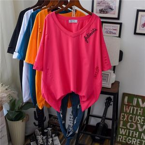 Damen T-Shirt Sommer Frauen Plus Lange Baumwolle Übergroße T-Shirt Tunika Tops 2022 Größe V-Ausschnitt Loch Streetwear T-Shirt Kleid Kurzarm