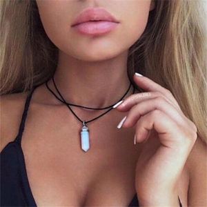 Natural Crystal Chakra Pendulum Pendant Necklaces For Women Teens Girls Hexagonal Stone Leather Choker Chain Statement Necklace GC1325