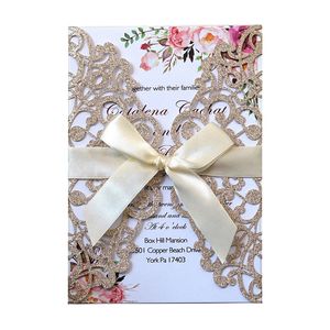 50pcs Laser Cut Wedding Invitation Card Glitter Paper Greeting Cards With Ribbon Customized Wedding Decoration Party Supplies 220608