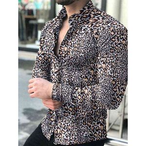 Nya modemän skjortor Turn-down krage knappad skjorta avslappnad leopard tryck långärmad toppar blusar herrkläder prom cardigan g220511