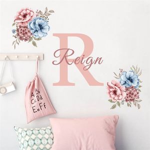 Custom Initial Name Pink Peonies Watercolor Wall Sticker Girls Room Decor Vinyl DIY Wall Decals Nursery Interior Home Decoration 220613