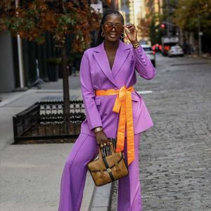 Women's Two Piece Pants Spring Purple Women Suits Custom Made Blazers 2 Pieces Set Blazer Satin Belt Wide Leg Pants/Fashion Streetwear Daily