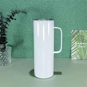 US Warehouse Sublimation Straight Tumbler med handtag 20oz Skinny Tumblers Rostfritt Stål Slim Isolerade Koppar Öl Kaffe Koppar Gummi Bottom Metal Straw