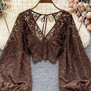 Wholesale long sleeve open back top for sale - Group buy Autumn BlackWhiteBrown Sexy Lace Blouse Women Elegant VNeck Puff Long Sleeve Open Back Short Tops Female Party Blusas