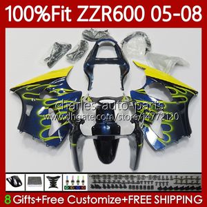 OEM Fairings Kit For KAWASAKI NINJA ZZR600 ZZR-600 600 CC 05-08 Bodywork 134No.186 100% Fit ZZR 600 2005 2006 2007 2008 600CC 05 06 07 08 Yellow flames Injection Mold Body