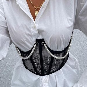 Bustiers Korsetts Puloru 2022 Vintage Perlen Kette Spitze Mesh Gürtel Kummerbunde Damen Taille Durchsichtig Push Up Slim AccessoiresBustiers