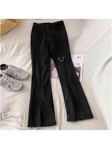 Kärleksdekoration svart slits blossade denim byxor kvinnors sommar ny design enkel hög midja raka smala jeans kvinnliga byxor t220728