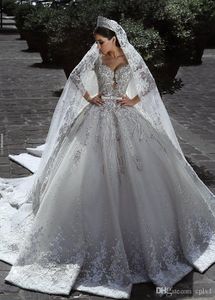 2022 abiti da sposa abito da ballo in pizzo di cristallo con scollo a V champagne chiaro maniche lunghe musulmane schiena aperta abito da sposa taglie forti immagini reali