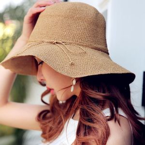 Geniş Memlu Şapkalar Yaz Moda Buğday Panama Güneş Hat Plajı Şeridi Yay Düğüm Deniz Tarzı Saman Kadın Kapak 8 Rolorwide