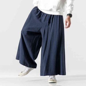 2022 Spring Men Linen Loose Wide Leg Pants Men Vintage Elastic Midjebyxor Male Hip Hop Cotton Overdized Solid Cross-Pants L220706