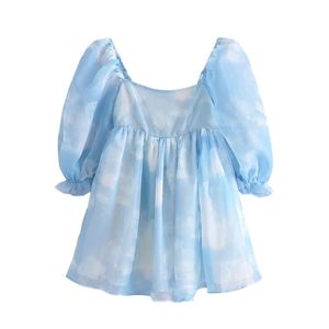 YENKYE Summer Women Blooming Sky Color Organza Princess Dress Female Sexy Square Neck Puff Sleeve Mini Party Short Vestido 220527