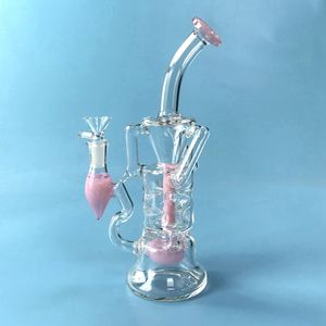 Fab Egg Hookahs Double Recycler Bong Turbine Percolator Heady Glass Water Bongs 퍼플 핑크 그린 오일 Dab Rigs 14mm 여성 공동 물 파이프 HR319