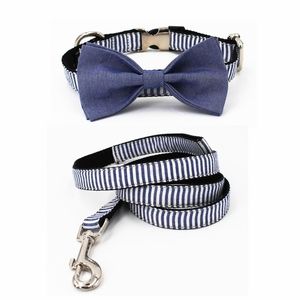 Papillon per collare per cani a righe da uomo blu, collana e guinzaglio per gatti regolabile su misura personale personalizzato in cotone 100% Y200515