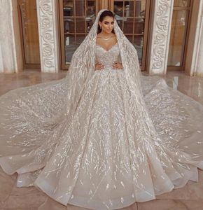 Arabic Champagne Dresses Ball Gown Sleeve Sequins Beaded Bridal Wedding Gowns with Long Train BES121