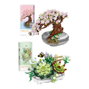 Bouquet Building Blocks DIY Succulent Potted Flowers Assembled Bricks Girl Gifts Children's Toys Pink Cherry Blossom Plant Model 220706