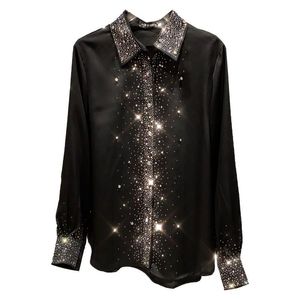 Camisas femininas camisas da primavera outono estrelas de lapela shinestone cetim de cor sólida diamantes de seda falsa blusas de manga longa gole de colarinho de colarinho