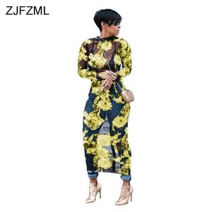 ZJFZML Plus Size Floral Mesh Women Maksi Sukienka Długie rękawowe Przechodnie Zobacz przez klub Sexy Dress Party Lats Beach Sukienki T200516