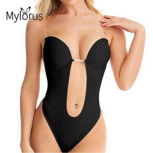 Waist and Abdominal Shapewear Bodysuit Deep V neck Body Shaper Women Clear Strap Padded Push Up Corset Backless u Plunge Thong Trainer 0719