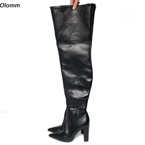 Olomm Handgemachte Damen Winter-Oberschenkelstiefel, steif, klobige Absätze, Unisex, runde Zehen, elegante schwarze Cosplay-Schuhe, Damen, US-Größe 5–15