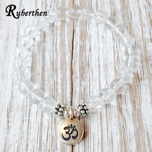 Beaded Strands Ruberthen Genuine Clear Quartz Bracelet Meditation Wrist Mala Beads Healing Crystals Ohm Charm Trum22