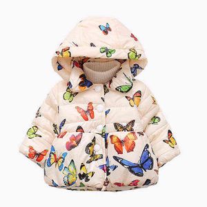 Cute Butterfly Print Hoodie Down Jacket For Girls Winter Girls Clothes Warm Baby Girl Cotton Quilted Jacket Outerwear Children's Clothing J220718