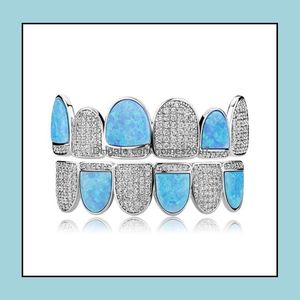 Hip Hop Gold Plated Zircon Husces With Sky Blue Opal Gem Teeth Grillz Men Womens TopBottom Grills Set Drop Delivery 2021 Grillz Dental Bod