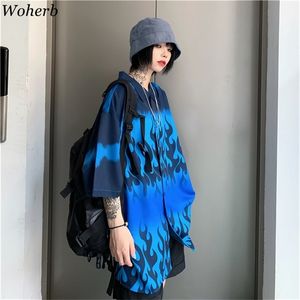 Woherb Harajuku Lake Summer Tops Женщины мужчина повседневная синяя пламя блузки с коротким рукавом негабаритный рубашка Blusas Hip-Hop Streetwear 210308