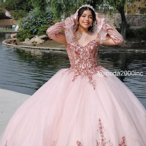 Wholesale quinceanera dresses two piece resale online - 2022 Sparkly Rose Gold Lace Applique Quinceanera Dresses Two Piece Detachable Sleeves Juliet Ball Gown Long Mexican Sweet Charr288Y