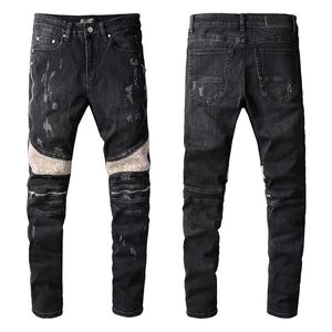 Schwarze Jeans für Herren, zerrissenes Denim mit Reißverschluss am Knie, schmal, passend für schlanke Jungs, Herren, Biker, Moto, gerade, Vintage-Stil, Distress, beschädigt, Stretchhose, lang, hochwertiges Patchwork