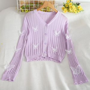 Spring summer new women's long sleeve v-neck butterfly embroidery thin knitted sunscreen sweater cardigan short knits tees