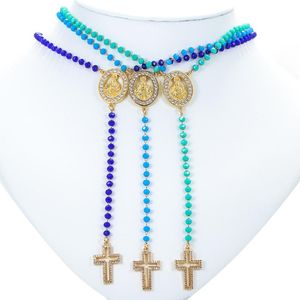 Naszyjniki wisiorka Virgin Mary Cross Kolorowe koraliki długi łańcuch Różaniec Naszyjnik Kobiety Złoty Kolor Srebrny Kolor religijny biżuteria