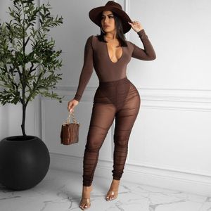 Women's Two Piece Pants Neon Green Sheer Mesh Spliced Pant Suits Women Sexy Cleavage Full Sleeve Skinny Bodysuit See Through Ruched Slim