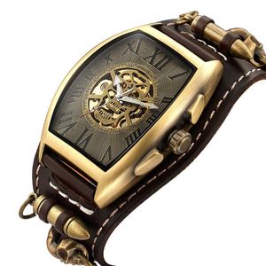 Bilek saatleri antik iskelet kadran erkekler otomatik mekanik saat retro gotik saat steampunk kendini sarma saatler kahverengi bronz reloj hombr