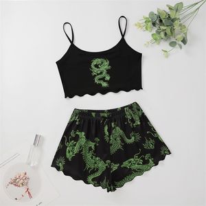 Dragon Print Pajama для девочек Set Summer Women Women Sleepwear Длинная рукава для ночной рубашки Женские женщины сексуальное нижнее белье пижамы 2 штуки 220527