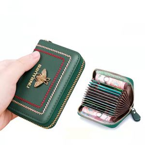 Genuine cow leather bee women designer card holders lady fashion zero wallets female casual purses with 12 card position no36