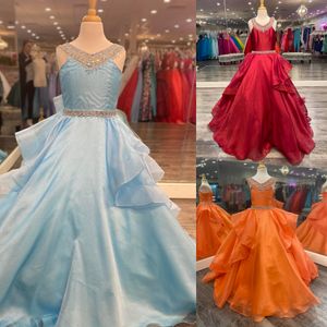 Burgundy Girl Pageant Dress 2023 Crystals Beading Organza Ballgown Little Kids Birthday Formal Party Wear Gown Infant Toddler Teens Miss V-Neck Ruffles Skirt Orange