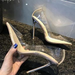 디자이너 패션 섹시한 여성 펌프 누드 특허 가죽 명확한 PVC 뾰족한 발가락 하이힐 진주 진주 신발 상자 새로운 투명 드레스 파티 신발