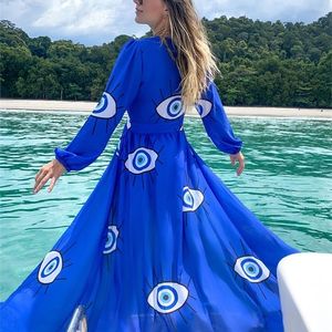 Super Qualidade Confortável Tecido Rugas Livre Azul Olhos Chiffon Túnica Sexy Beach Dres Dres Desgaste Nadar Suit Terno Cobertura Up D3 220408